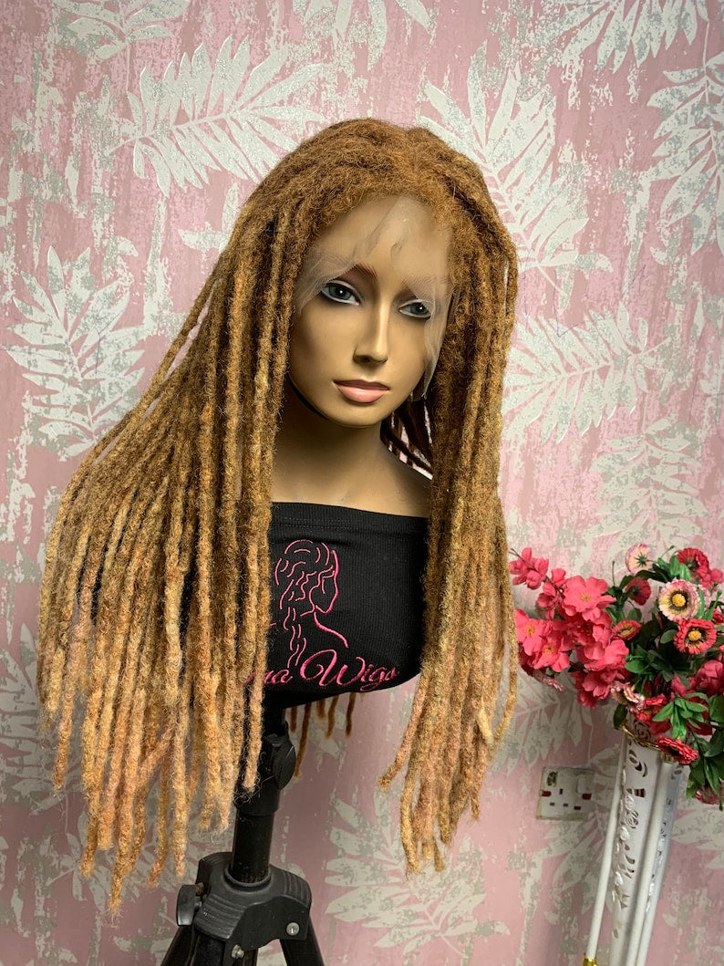 Light brown ombré human hair loc wig, 18” locs, made to order