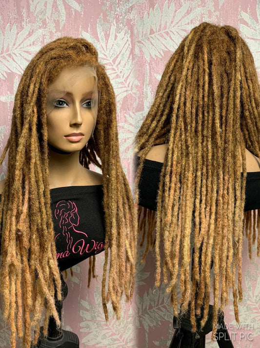 Light brown ombré human hair loc wig, 18” locs, made to order