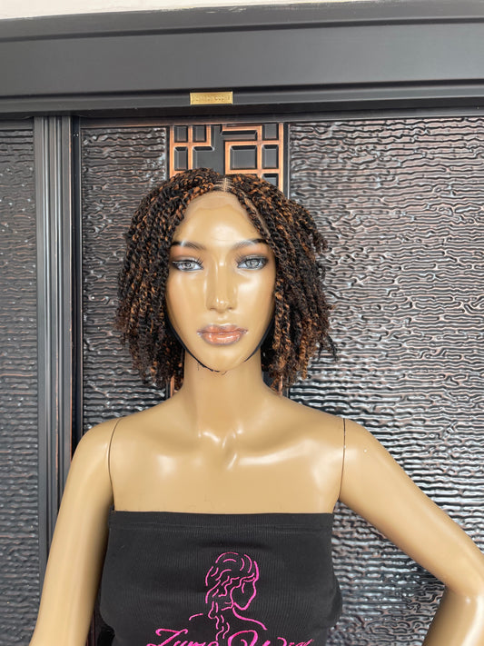 Short Marley twist wig, black and brown mix