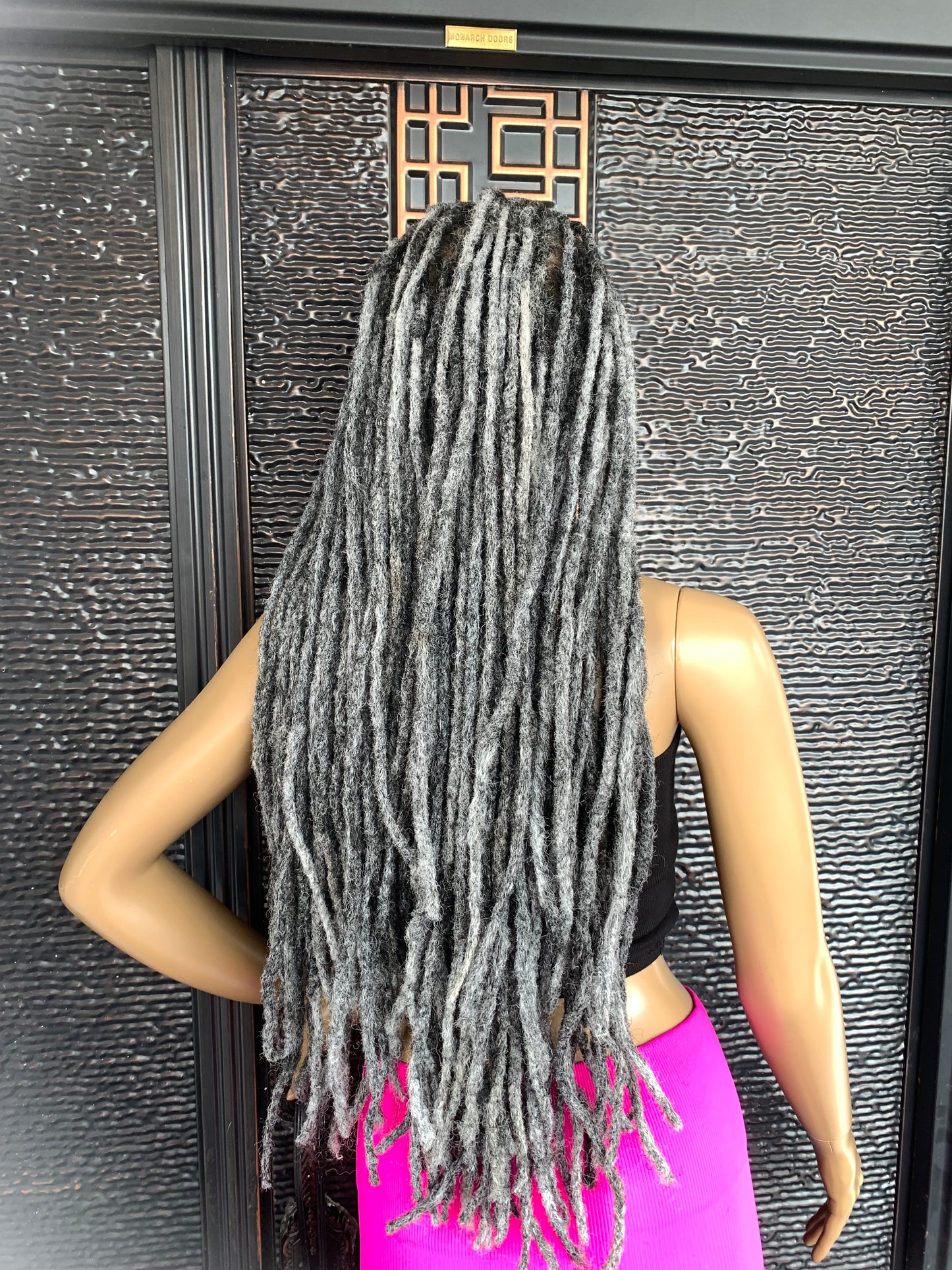 Peluca Gray Loc, peluca sintética con rastas de sal y pimienta