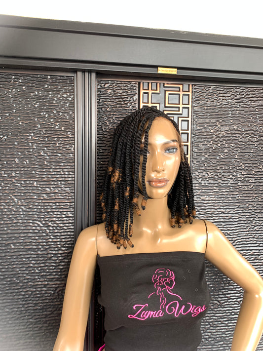 Marley twist wig with light brown wrapped ends, precut lace