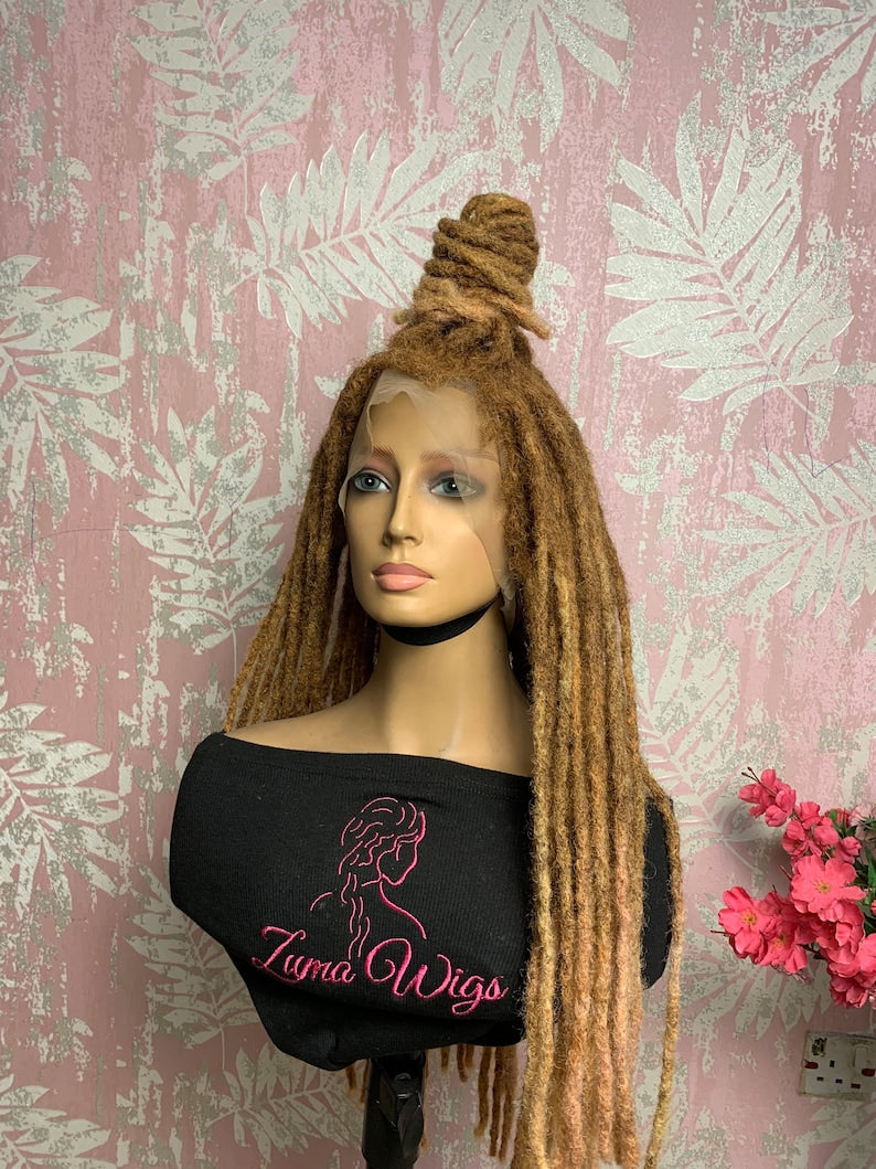 Light brown ombré human hair loc wig, 18” locs, made to order