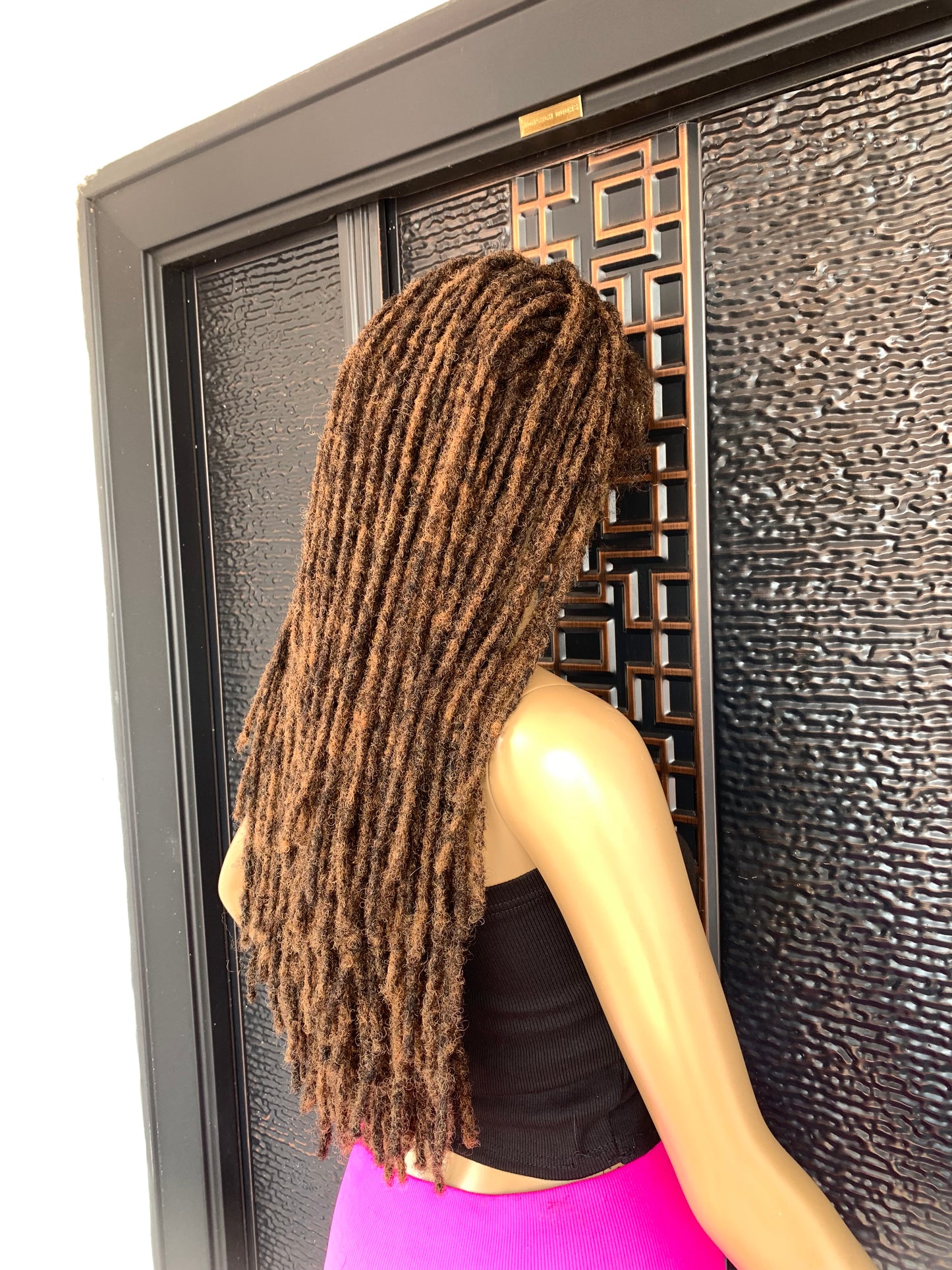 Peluca de cabello humano con rastas, mezcla de castaño claro y medio, 16” de largo