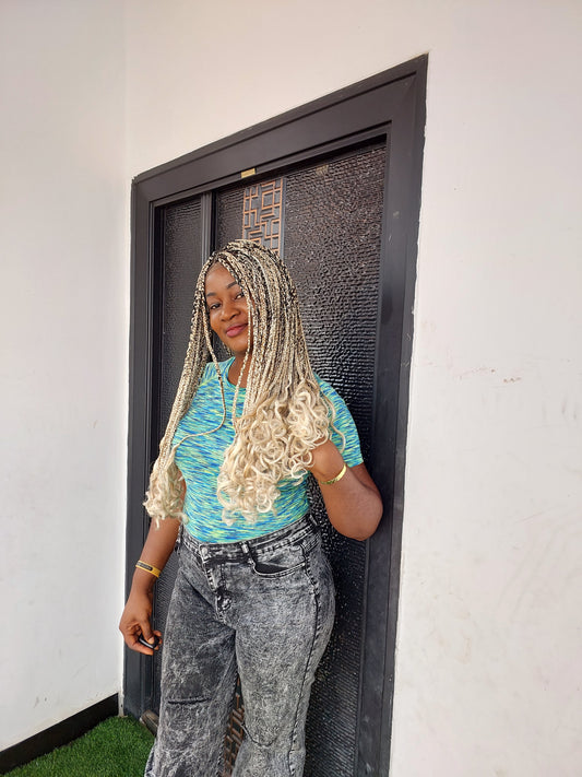 Blonde braided wig with curly ends